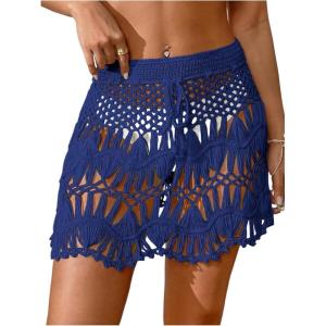 image:imageMakeMeChic Womens Swimsuit Coverup Crochet Skirt Tie Waist Bathing Suit Knit Beach Mini Skirt for VacationRoyal Blue
