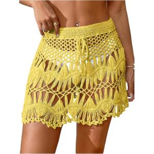 image:imageMakeMeChic Womens Swimsuit Coverup Crochet Skirt Tie Waist Bathing Suit Knit Beach Mini Skirt for VacationYellow