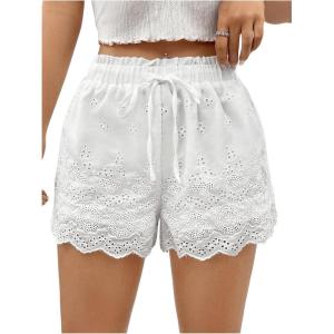 image:imageMakeMeChic Womens Wide Leg Shorts Drawstring High Waist Eyelet Scallop Boho ShortsWhite