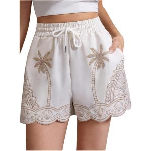 image:imageMakeMeChic Womens Wide Leg Shorts Tropical Scallop Trim Drawstring High Waist Vacation Casual ShortsApricot