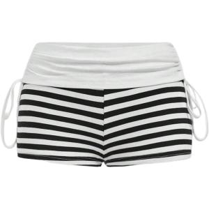 image:imageMakeMeChic Womens Y2K Gothic Fold Over Mini Shorts Grunge Punk Striped Micro Shorts Drawstring Tie Side Low Rise ShortsWhite and Black