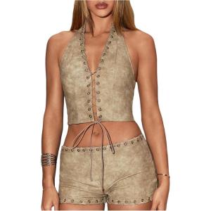 image:imageMakeMeChic Womens Y2K Low Rise Grommet Eyelet Shorts PU Leather Summer Vintage Mini ShortsKhaki