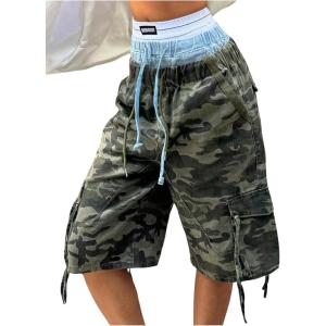 image:imageMakeMeChic Womens Y2k Camo Bermuda Denim Shorts Baggy Wide Leg Jean Cargo Shorts with PocketsArmy Green