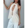 image:imageMAKEMECHIC Womens Open Back Halter Top Y2k Chiffon Asymmetrical Split Party Tops with ScarfApricot