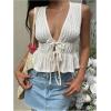 image:imageMakeMeChic Womens Deep V Neck Tie Front Tops Ruffle Bow Going Out Tops Crop VestApricot