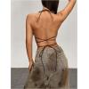image:imageMakeMeChic Womens Faux Fur Bra Top Furry Halter Backless Crop Tops Criss Cross Tank Top Rave Party ClubwearBrown