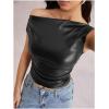 image:imageMakeMeChic Womens Faux Leather One Shoulder Top Ruched Y2k Tank Crop ShirtBlack