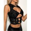 image:imageMakeMeChic Womens Floral Lace Crew Neck Tank Mesh Cut Out Sleeveless Club Crop TopsBlack