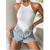 image:imageMakeMeChic Womens Fringe Halter Top Tie Backless Slim Fitted Boho Tassel Summer Crop Tank TopsWhite