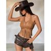 image:imageMakeMeChic Womens Fringe Rodeo Faux Suede Halter Tops Tie Backless Sleeveless Western Cowgirl Concert OutfitsBrown