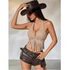 image:imageMakeMeChic Womens Fringe Rodeo Faux Suede Halter Tops Tie Backless Sleeveless Western Cowgirl Concert OutfitsBrown a