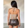 image:imageMakeMeChic Womens Fringe Rodeo Faux Suede Halter Tops Tie Backless Sleeveless Western Cowgirl Concert OutfitsBrown a