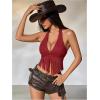 image:imageMakeMeChic Womens Fringe Rodeo Faux Suede Halter Tops Tie Backless Sleeveless Western Cowgirl Concert OutfitsRed