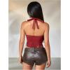 image:imageMakeMeChic Womens Fringe Rodeo Faux Suede Halter Tops Tie Backless Sleeveless Western Cowgirl Concert OutfitsRed