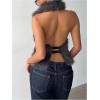 image:imageMakeMeChic Womens Fuzzy Faux Fur Halter Top Sleeveless Tie Backless Summer Going Out Tops Cowboy Chic OutfitsDark Grey