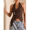 image:imageMakeMeChic Womens Halter Top Tie Backless Metal Ring Draped Ruched Lettuce Trim Rave Crop TopsBrown