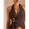 image:imageMakeMeChic Womens Halter Top Tie Backless Metal Ring Draped Ruched Lettuce Trim Rave Crop TopsBrown