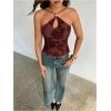 image:imageMakeMeChic Womens Halter Tops Floral Tie Open Back Sleeveless Going Out Crop Tops Rave OutfitsCoffee Brown