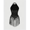 image:imageMakeMeChic Womens Halter Tops Tassel Hem Sleeveless Mesh Sheer Country Concert Tank TopsBlack