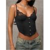 image:imageMakeMeChic Womens Lace Cami Shirt V Neck Bustier Corset Tops Spaghetti Strap Button TopBlack