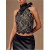 image:imageMakeMeChic Womens Lace Halter Top Open Back Bow Mock Neck Elegant Crop TopsBlack