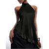 image:imageMakeMeChic Womens Lace Halter Tops Asymmetrical Backless Satin Sleeveless Going Out Tank TopBlack