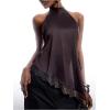 image:imageMakeMeChic Womens Lace Halter Tops Asymmetrical Backless Satin Sleeveless Going Out Tank TopCoffee Brown