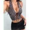 image:imageMakeMeChic Womens Leopard Print Halter Crop Tops Sequin Sparkly Lace Up Club Tank TopBrown