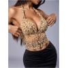 image:imageMakeMeChic Womens Leopard Print Ruched Halter Top Tie Back Sleeveless Summer Crop TopsBrown