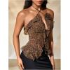 image:imageMakeMeChic Womens Leopard Print Ruffle Trim Halter Criss Cross Tie Summer Shirt Crop TopsBrown