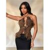 image:imageMakeMeChic Womens Leopard Print Ruffle Trim Halter Criss Cross Tie Summer Shirt Crop TopsBrown