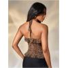 image:imageMakeMeChic Womens Leopard Print Ruffle Trim Halter Criss Cross Tie Summer Shirt Crop TopsBrown