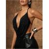 image:imageMakeMeChic Womens Mesh Open Back Halter Tops Rhinestone Sparkly Draped Camisole TopBlack
