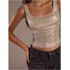 image:imageMakeMeChic Womens Metallic Square Neck Tank Sleeveless Party Crop Tops with Built in BraKhaki