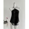 image:imageMakeMeChic Womens Open Back Halter Top Sheer Ruffle Sleeveless Jacquard Dressy Tops TrendyBlack