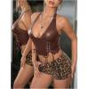 image:imageMakeMeChic Womens PU Leather Lace Up Halter Tops Backless Split Hem Y2K Going Out TopBrown