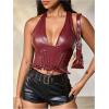 image:imageMakeMeChic Womens PU Leather Lace Up Halter Tops Backless Split Hem Y2K Going Out TopBurgundy