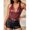 image:imageMakeMeChic Womens PU Leather Lace Up Halter Tops Backless Split Hem Y2K Going Out TopBurgundy