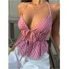image:imageMakeMeChic Womens Plaid Gingham Halter Top Tie Front Backless Ruffle Y2k Tank Crop TopsRed and White