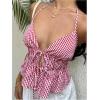 image:imageMakeMeChic Womens Plaid Gingham Halter Top Tie Front Backless Ruffle Y2k Tank Crop TopsRed and White