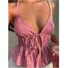 image:imageMakeMeChic Womens Plaid Gingham Halter Top Tie Front Backless Ruffle Y2k Tank Crop TopsRed and White