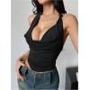 image:imageMakeMeChic Womens Plunge Neck Draped Sleeveless Ruched Summer Halter Top Crop TopsBlack