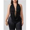 image:imageMakeMeChic Womens Plus Size Halter Top Metal Ring Plunge Neck Open Back Party Tank TopBlack