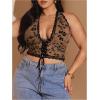 image:imageMakeMeChic Womens Plus Size Lace Sheer Halter Crop Tops Deep V Neck Open Back Lace Up Party Corset TopsBrown
