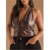 image:imageMakeMeChic Womens Plus Size PU Leather Halter Crop Tops Lace Up Backless Party Club TopBrown