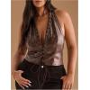 image:imageMakeMeChic Womens Plus Size PU Leather Halter Crop Tops Lace Up Backless Party Club TopBrown