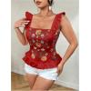 image:imageMakeMeChic Womens Plus Size Summer Floral Ruffle Sleeve Tank Top Square Neck Peplum Shirred ShirtBurgundy