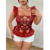 image:imageMakeMeChic Womens Plus Size Summer Floral Ruffle Sleeve Tank Top Square Neck Peplum Shirred ShirtBurgundy