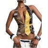 image:imageMakeMeChic Womens Polka Dots Striped Halter Tops Summer Y2K Sleeveless Tie Backless Crop Tank TopYellow and Brown