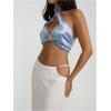 image:imageMakeMeChic Womens Satin Cut Out Halter Top Shell Criss Cross Tie Back Elegant Summer Crop TopsBlue